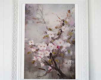 Kersenbloesem-olieverfschilderij Art Print, bloemen wanddecoratie (digitale download)