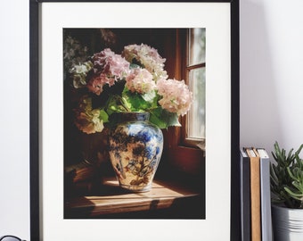 Bloemenhortensia stilleven olieverfschilderij, afdrukbare bloem kunst aan de muur (digitale download)