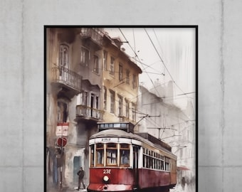 Istanbul trolley aquarel print, nostalgische stadsmuurkunst (digitale download)