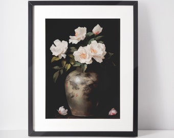 Witte cameliaboeketprint, stillevenolieverfschilderij (digitale download)