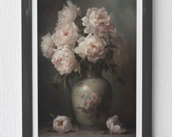 Pioenroos olieverfschilderij stijl print, bloemen muurkunst (digitale download)