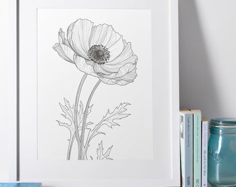 Anemone Print, Flower Wall Art, Floral Sketch Poster, Floral Sketch Art Print, Floral Line Art, Anemone Black and White Sketch, March Flower