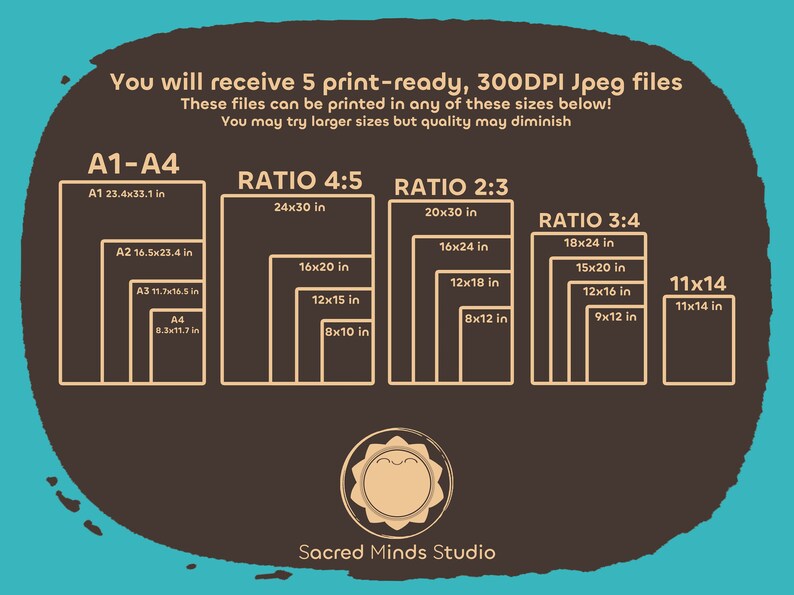 Puede incluir: Un gr&aacute;fico que muestra diferentes tama&ntilde;os de impresi&oacute;n para impresiones de arte digitales. El gr&aacute;fico est&aacute; dividido en cuatro secciones, cada una con una relaci&oacute;n de aspecto diferente: 4:5, 2:3, 3:4 y 11x14. El gr&aacute;fico incluye medidas en pulgadas para cada tama&ntilde;o. El gr&aacute;fico est&aacute; titulado "A1-A4" y "Sacred Minds Studio".