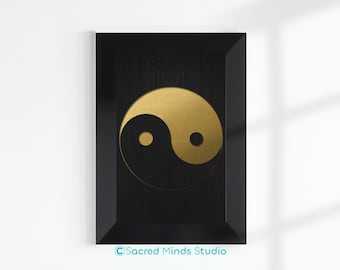 yin y yang arte de pared imprimible arte zen impresión tranquila vibraciones equilibradas para la decoración de la pared de la sala diseños en negro y dorado descarga digital