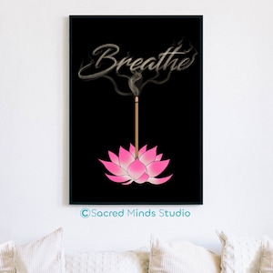 Breathe tranquil Printable wall art zen design gift for yoga lover spiritual vibes positive reminders pink lotus meditation digital download