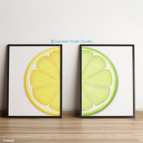 Lemon and Lime Printable wall art, vibrant zesty aesthetic, citrus theme gift, unique home decor, fun set of 2, instant digital download