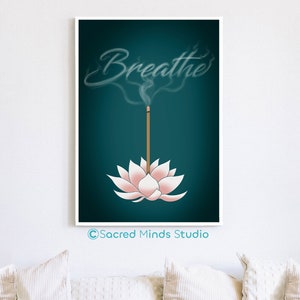Breathe Quotes Printable wall art zen artwork mindfulness print spiritual vibes positive phrases lotus incense smoke digital download
