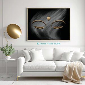 Puede incluir: Una impresi&oacute;n de arte abstracto en blanco y negro con una cara de Buda dorada. La cara tiene los ojos cerrados y un punto en la frente. La impresi&oacute;n est&aacute; enmarcada en un marco dorado fino. El texto "&copy;Sacred Minds Studio" est&aacute; en la parte inferior de la impresi&oacute;n.