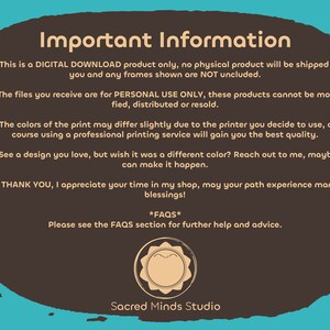 Puede incluir: Un fondo marr&oacute;n con texto blanco que describe informaci&oacute;n importante sobre descargas digitales. El texto dice: "Informaci&oacute;n importante" seguido de cinco puntos numerados. El texto tambi&eacute;n incluye las frases "*FAQS*" y "Por favor, consulte la secci&oacute;n de preguntas frecuentes para obtener m&aacute;s ayuda y consejos." El fondo tambi&eacute;n presenta un s&iacute;mbolo de sol estilizado con una cara sonriente.