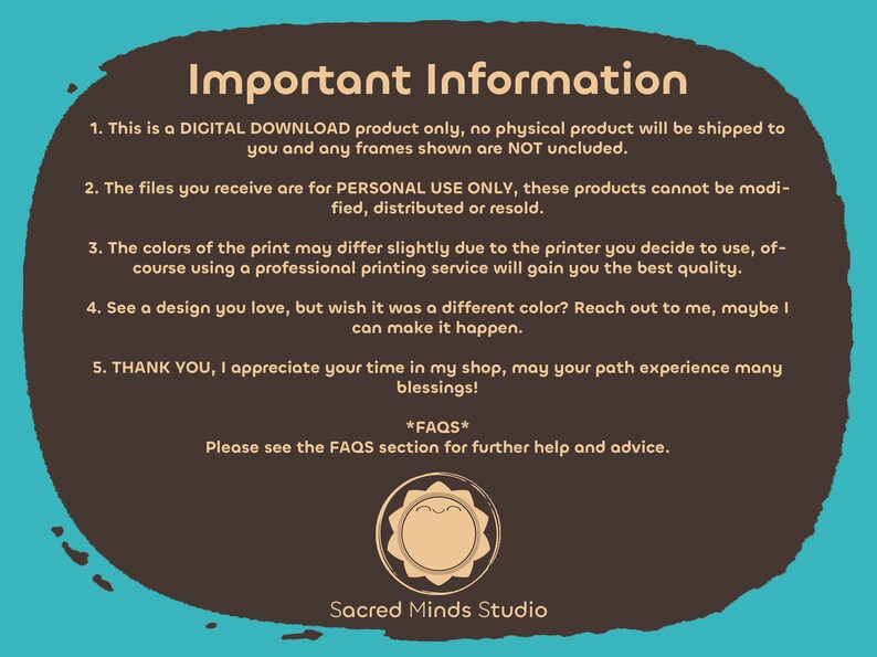 Puede incluir: Un fondo marr&oacute;n con texto blanco que describe informaci&oacute;n importante sobre descargas digitales. El texto dice: "Informaci&oacute;n importante" seguido de cinco puntos numerados. El texto tambi&eacute;n incluye las frases "*FAQS*" y "Por favor, consulte la secci&oacute;n de preguntas frecuentes para obtener m&aacute;s ayuda y consejos." El fondo tambi&eacute;n presenta un s&iacute;mbolo de sol estilizado con una cara sonriente.