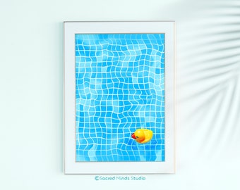 Patito de goma Arte de pared imprimible, divertido y colorido regalo temático de fiesta en la piscina, decoración de verano única, vibraciones abstractas de playa, descarga digital instantánea