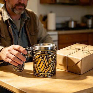 Puede incluir: Una taza cilíndrica con un patrón en relieve de casquillos de bala de color dorado en la superficie exterior. El asa tiene la forma de la empuñadura y el guardamonte de un revólver. La taza tiene un borde y un revestimiento interior plateados.