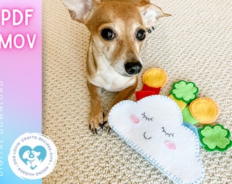 May include: A white felt cloud-shaped dog toy with a smiling face and pink cheeks. The toy has a rainbow design with yellow, orange, red, green, and blue felt pieces. A small brown and white dog is looking at the toy.