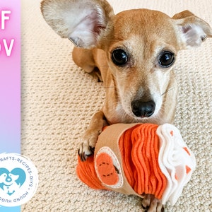 Könnte beinhalten: Ein kleiner brauner und weißer Hund mit großen braunen Augen hält ein selbstgemachtes orangefarbenes und weißes Plüschtier in Form eines Kürbiskuchens. Das Spielzeug ist in braunes Papier eingewickelt und hat einen weißen Filzdeckel. Der Hund sitzt auf einem beigefarbenen Teppich. Das Bild enthält den Text "PDF MOV DIGITAL DOWNLOAD DOG LOVIN' CRAFTS - RECIPES - DIYs - HOUND HUGGER."