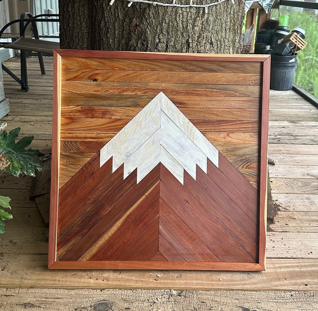 Rustic Mountain Wood Wall Art Snow Capped Mountain With Cedar Etsy