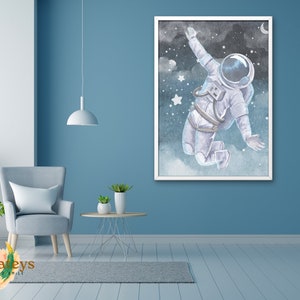 Blue and Black Watercolor Astronaut in Space Print - Digital Wall Art Decor, Instant Download