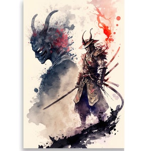 Samurai in watercolor style |Samurai poster | Washed out colors design | Demon Samurai Poster