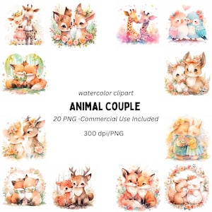 20 Cute Animal Couple Clipart | Watercolor Animal | Romatic Animal Clipart | Valentine's Day Clipart | PNG, Commercial Use