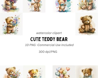 10 Cute Teddy Bear Clipart | Teddy Bear with Balloons and Flowers | Digital Planner | Card Making | Digital Paper Craft | PNG, Commercial Use