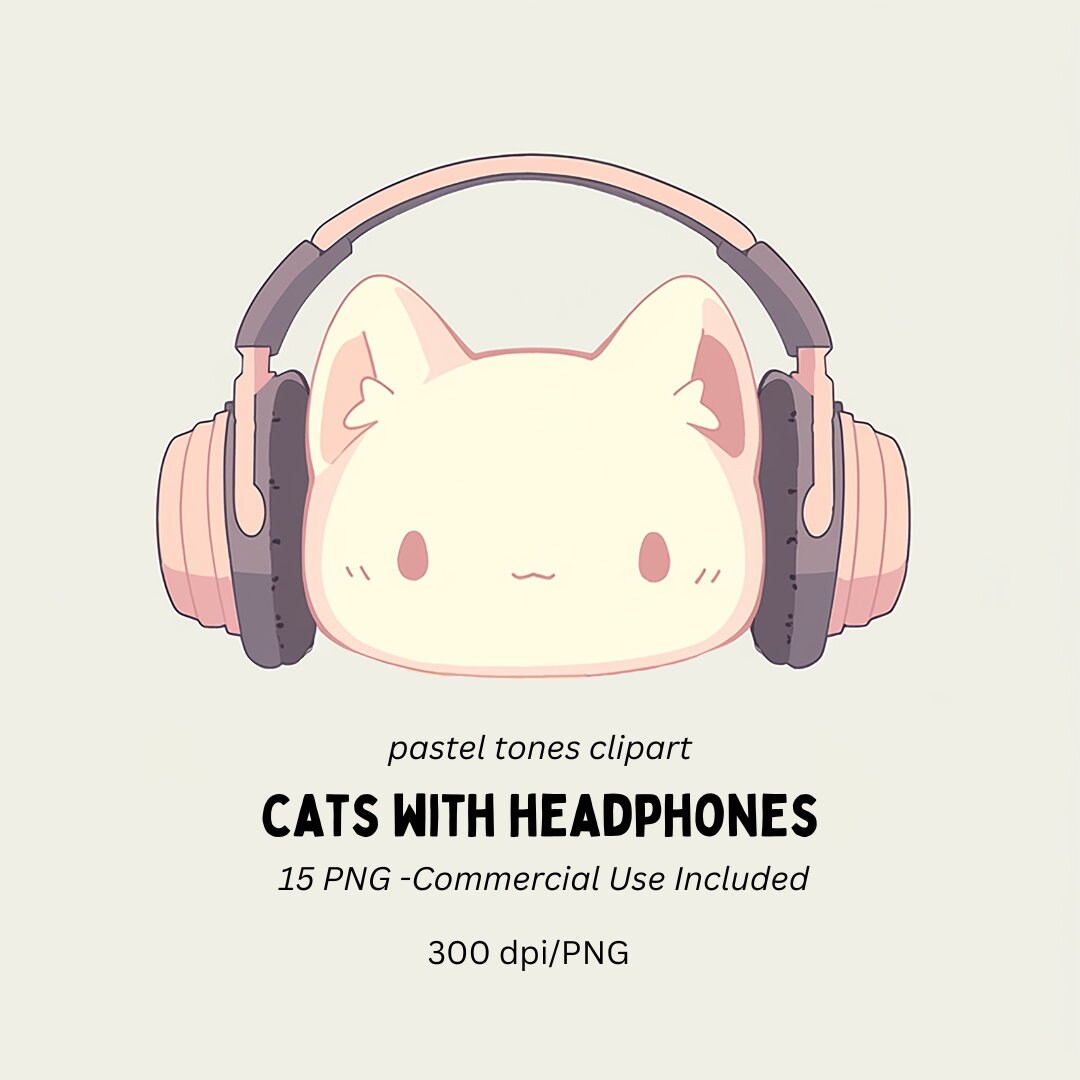 10 Cute Cats With Headphones Clipart Pastel Color Clipart Etsy