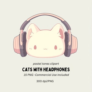 10 chats mignons avec des écouteurs Clipart | Clipart couleur pastel| Clipart animal mignon | Musique Clipart | PNG, utilisation commerciale