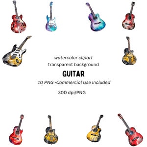 10 Gitaar Clipart aquarel | Muziekinstrumenten clipart | Transparante achtergrondgeluid | Kaarten maken | Digitale papierambachten | PNG, commercieel gebruik