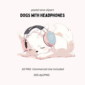 10 Cute Dogs with Headphones Clipart | Pastel color clipart| Cute Animal Clipart | Music Clipart | PNG, Commercial Use