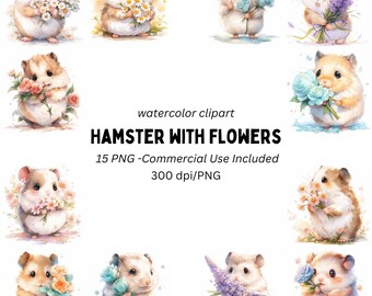 15 Cute Hamster with Flower Clipart | Hamster with Rose, Lupine and Daisy flower | Card Making | Digital Paper Craft | PNG, Commercial Use