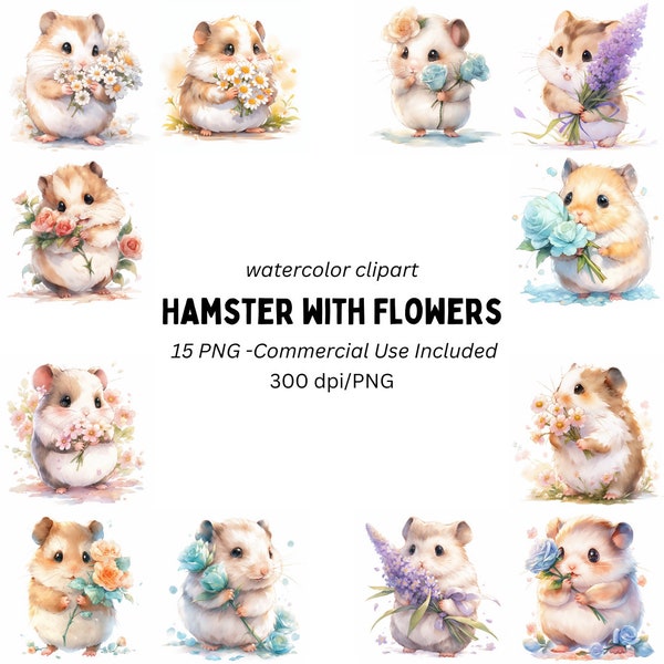 15 Cute Hamster with Flower Clipart | Hamster with Rose, Lupine and Daisy flower | Card Making | Digital Paper Craft | PNG, Commercial Use