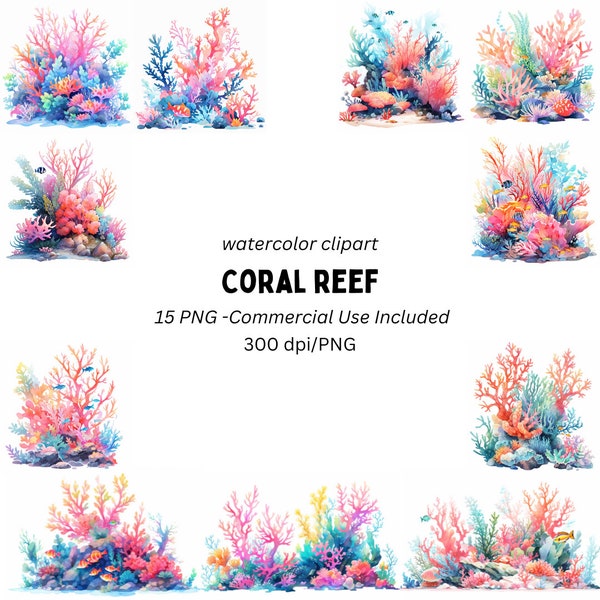 15 Coral Reefs Watercolor Clipart | Under the Sea | Sea Life | Card Making | Digital Paper Craft | Underwater Graphics PNG, Commercial Use