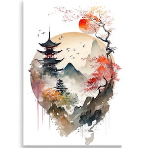 Japanese Temple Watercolor Style | Japanese Wall Art | Japanese Ancient Temple Poster | Wall decoration Japan temple poster|