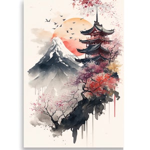 Japanese Temple Watercolor Style | Japanese Wall Art | Japanese Ancient Temple Poster | Wall decoration Japan temple poster