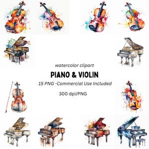 15 Clipart de piano e violino aquarela | Clipart de instrumentos musicais | Fabricação de cartões | Artesanato de papel digital | PNG, uso comercial