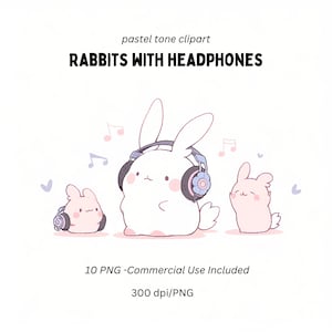 10Cute Rabbits with Headphones Clipart | Pastel color clipart| Cute Animal Clipart | Music Clipart | PNG, Commercial Use