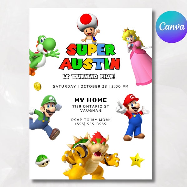 Mario Bros Invitation, Super Mario Birthday Invitation, Super Brothers boy Invite, Video Game, Kid Invite, Editable Template, Editable Canva