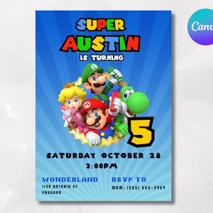 Mario Bros Invitation, Super Mario Birthday Invitation, Video Game, Super Brothers boy Invite, Kid Invite, Editable Template, Editable Canva