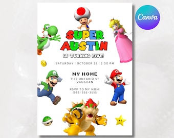 Mario Bros Invitation, Super Mario Birthday Invitation, Super Brothers boy Invite, Video Game, Kid Invite, Editable Template, Editable Canva