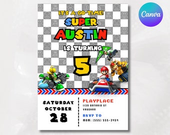 Mario Bros Invitation, Super Mario Birthday Invitation, Mario Kart, Super Brothers boy Invite, Kid Invite, Editable Template, Editable Canva