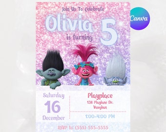 Trolls invitation, Trolls Birthday Invite Printable, Trolls Craziest Party Birthday Invitation, Digital Trolls Party Editable Template Canva