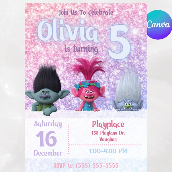 Trolls invitation, Trolls Birthday Invite Printable, Trolls Craziest Party Birthday Invitation, Digital Trolls Party Editable Template Canva