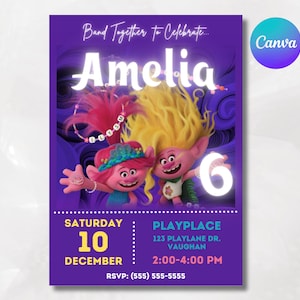 Trolls invitation, Trolls Birthday Invite Printable, Trolls Band Together Birthday Invitation, Digital Trolls Party Editable Template Canva