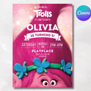 Convite de aniversário de Trolls, convite de aniversário de Trolls para impressão, convite de aniversário para festa mais louca de Trolls, modelo editável de festa digital de Trolls Canva