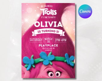 Trolls invitation, Trolls Birthday Invite Printable, Trolls Craziest Party Birthday Invitation, Digital Trolls Party Editable Template Canva