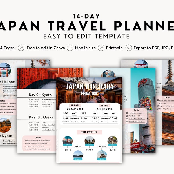 Sjabloon voor reisroutes voor Japan | Digitale download | Ultieme Japan-reisgids | Desktop, iPad, tablet | Bewerkbaar op Canva | Afdrukbaar