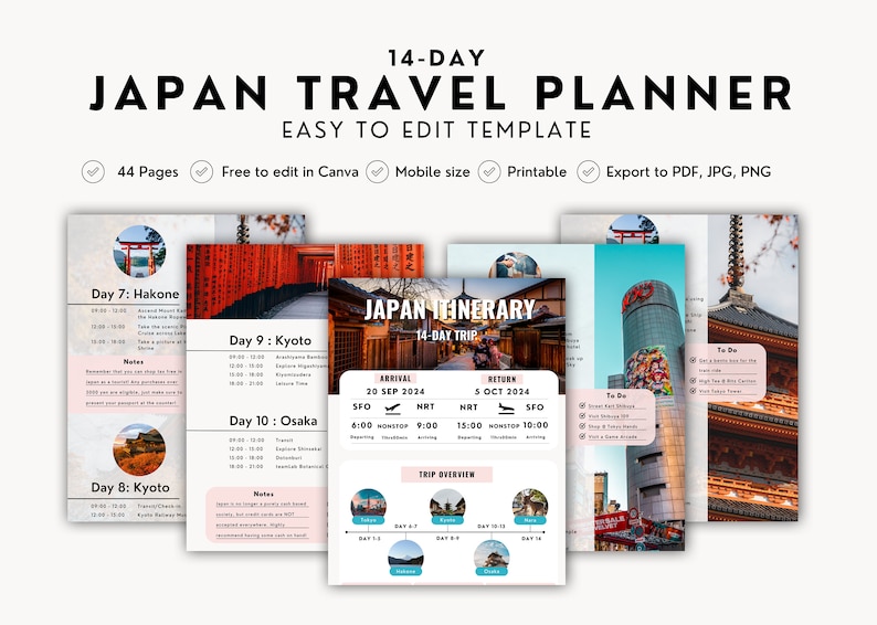 Japan Travel Itinerary Template Digital Download Ultimate Japan Travel Guide Desktop, Ipad, Tablet Editable on Canva Printable image 1