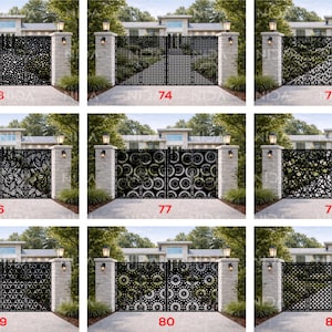 Puede incluir: Una colección de puertas de metal negro con varios diseños decorativos recortados. Cada puerta está flanqueada por pilares de piedra con luces, sobre un fondo de una casa y vegetación. Las puertas están numeradas del 73 al 81.