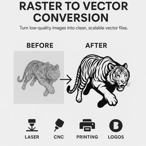 Peut inclure: Image comparant un tigre avant et après la conversion raster en vecteur. Le texte indique "RASTER TO VECTOR CONVERSION" et "Turn low-quality images into clean, scalable vector files." Des icônes de laser, CNC, impression et logos sont présentes.