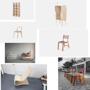 Puede incluir: Una colecci&oacute;n de sillas de madera y una estanter&iacute;a, mostrando varios estilos y dise&ntilde;os. Las sillas est&aacute;n hechas de madera contrachapada y tienen respaldos y asientos de listones. La estanter&iacute;a es un dise&ntilde;o simple y rectangular con varios estantes.