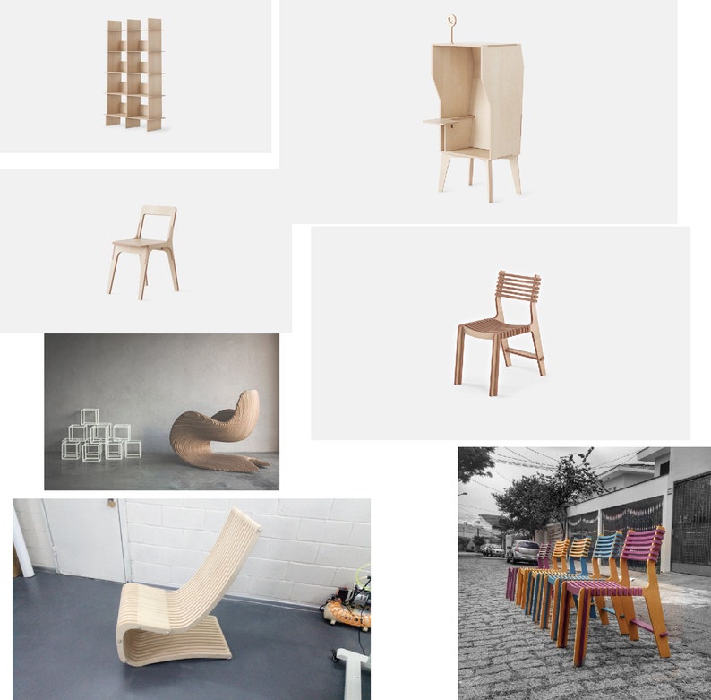 Puede incluir: Una colecci&oacute;n de sillas de madera y una estanter&iacute;a, mostrando varios estilos y dise&ntilde;os. Las sillas est&aacute;n hechas de madera contrachapada y tienen respaldos y asientos de listones. La estanter&iacute;a es un dise&ntilde;o simple y rectangular con varios estantes.