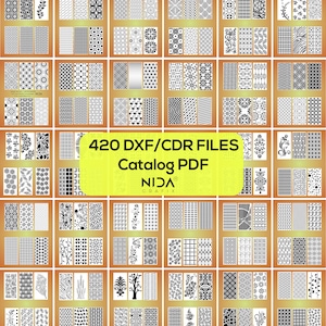 May include: A collage of 420 black and white patterns in a grid layout. The patterns are for laser cutting and are available as DXF/CDR files. The text "420 DXF/CDR FILES Catalog PDF NIDA GRAFIX" is in a yellow box in the center of the image.